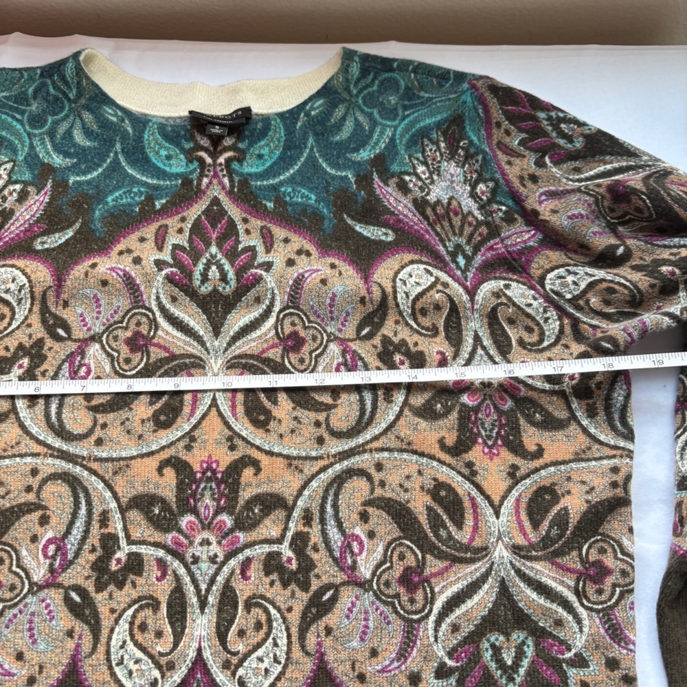 Talbots sz Small CASHMERE SWEATER Audrey Floral PAISLEY brown green crewneck - Picture 7 of 8